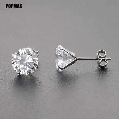 POPMAX 1Pairs/2Pcs Stainless Steel Crystal Studs Earrings For Women Men 4 Prong Tragus Round Clear Cubic Zirconia Ear Jewelry